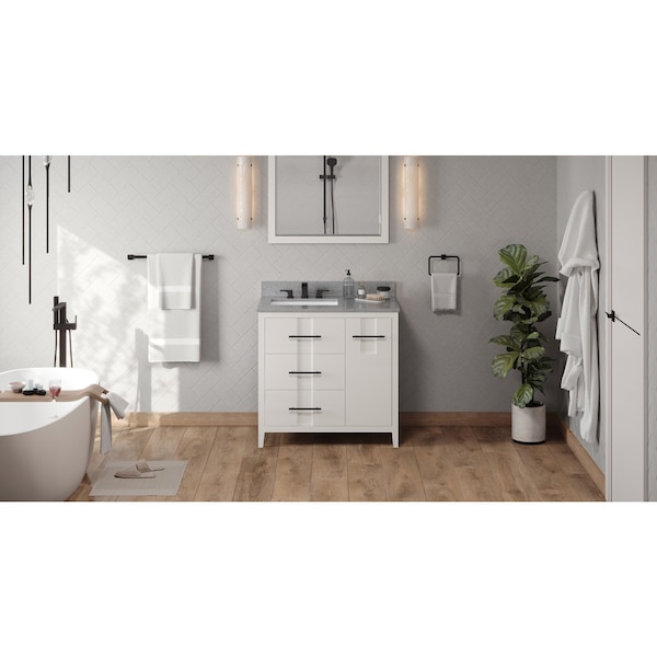 Jeffrey Alexander 36In. White Katara Vanity, Left Offset, Steel Grey Cultured Marble Vanity Top, Undrmnt Rctngl Bowl VKITKAT36WHSGR - main